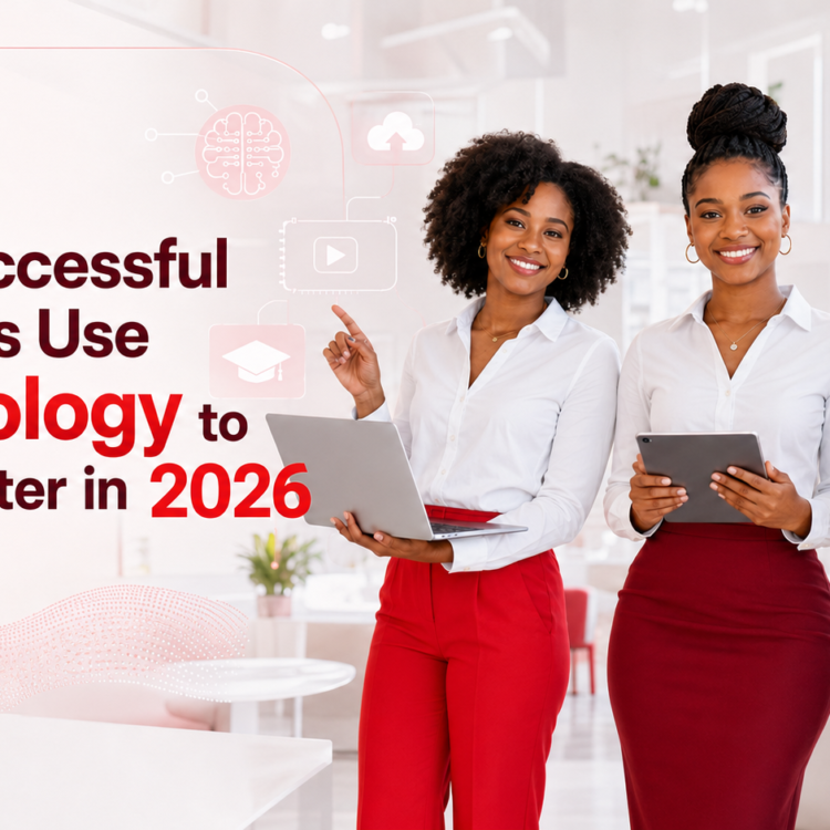 Three smiling Black female students in smart red-and-white outfits using a laptop, tablet, smartphone, and notebook in a bright digital-learning environment.