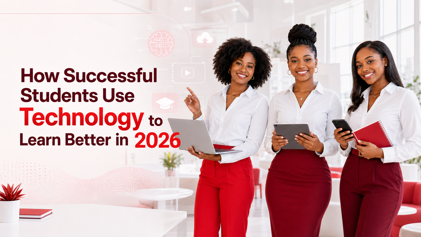 Three smiling Black female students in smart red-and-white outfits using a laptop, tablet, smartphone, and notebook in a bright digital-learning environment.