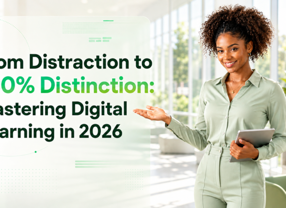 Smiling Black female student in a smart light-green outfit standing with a tablet beside the title “From Distraction to 100% Distinction: Mastering Digital Learning in 2026