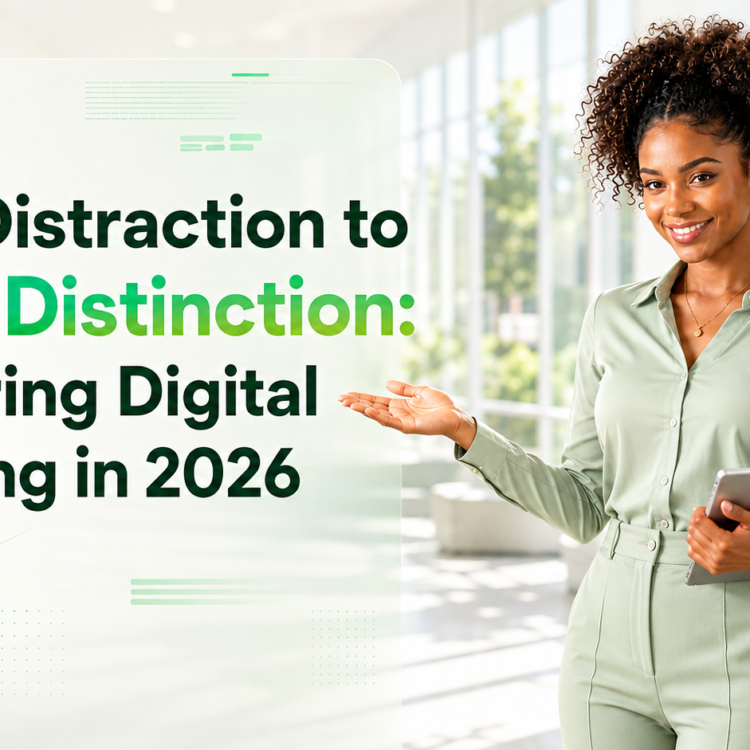Smiling Black female student in a smart light-green outfit standing with a tablet beside the title “From Distraction to 100% Distinction: Mastering Digital Learning in 2026