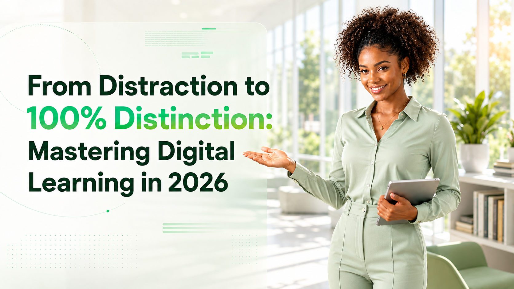 Smiling Black female student in a smart light-green outfit standing with a tablet beside the title “From Distraction to 100% Distinction: Mastering Digital Learning in 2026